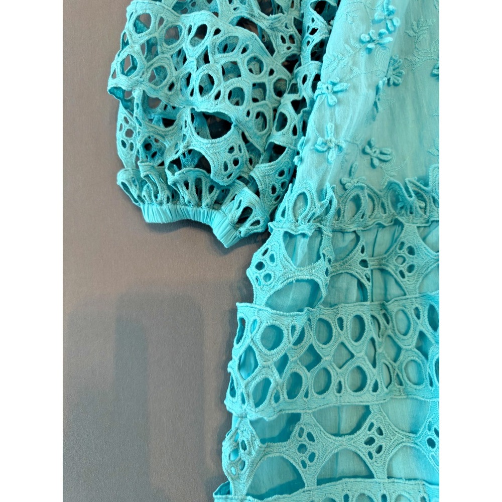 Boston Proper Embroidered Crochet Babydoll Dress XS Blue Boho Bishop Sleeve - Picture 3 of 12